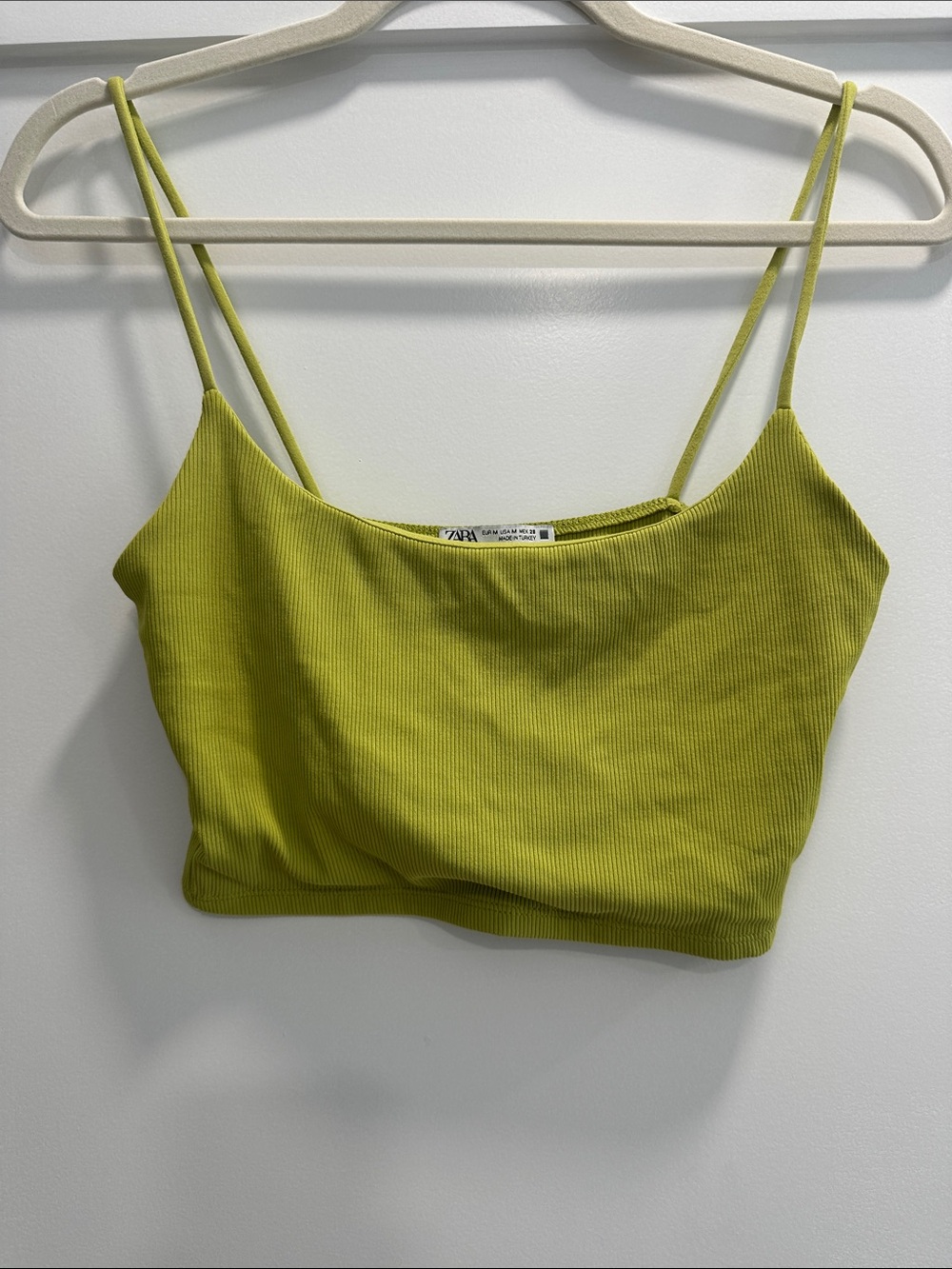 Zara Bright Lime Ribbed Spaghetti Strap Crop Cami